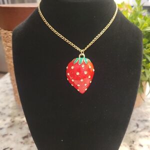 Strawberry Pendant Necklace in Red and Gold